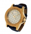 Mens Yellow Gold Tone Genuine Diamond Watch Crystal Dial Leather Band KM King Master