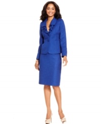 Classic tweed gets a feminine update with the addition of a ruffled collar and flattering seamed waist on Le Suit's  petite skirt suit. The rich blue hue is easy to pair almost any heel in your closet.