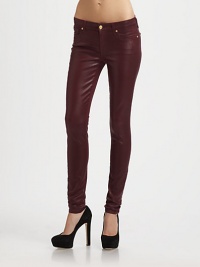 Crafted with fantastic stretch and recovery, these high-shine skinnies have a glossy coating that gives them a supple, leather-like appearance. THE FITMedium rise, about 8Inseam, about 30Leg opening, about 10THE DETAILSZip flyFive-pocket style98% cotton/2% spandexHand washMade in USAModel shown is 5'11 (178cm) wearing US size 4.