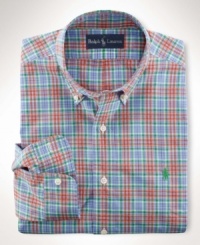 A bold, bright plaid pattern enlivens a preppy short-sleeved shirt, tailored for a comfortable, classic fit from crisp cotton poplin.