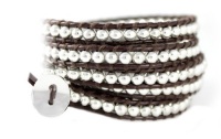 Dakota Sparkling Silver Bead on Genuine Leather Extra Long 5x Wrap Bracelet in Gift Box