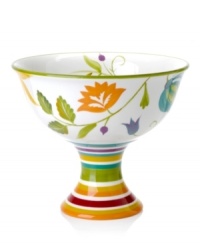 Featuring multicolored blooms on a pedestal of stripes, the Floral Stripe footed bowl from Clay Art accents tables with a double dose of color and style, all in dishwasher-safe earthenware. (Clearance)