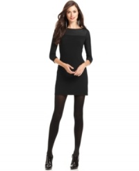 Add this petite Spense sheath to your stock of holiday dresses! A fitted silhouette and sheer fabric at the chest make this piece universally flattering.