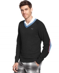 Pops of color on this v-neck Puma golf sweater will be almost as eye-catching as your swing.