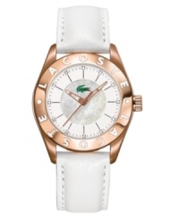 Elite appeal. This gorgeous Lacoste watch features a white leather strap and round rose goldtone stainless steel case. Logo etched at bezel. White mother-of-pearl dial with crystal accents at indices and logo. Quartz movement. Water resistant to 30 meters. Two-year limited warranty.