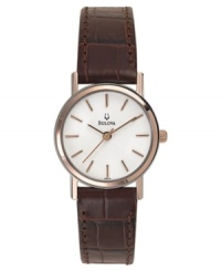 Classic, lasting style for everyday wear, by Bulova. This watch features a croc-embossed brown leather strap with tonal stitching and round rose-gold tone stainless steel case. White dial with rose-gold tone stick indices and logo. Quartz movement. Water resistant to 30 meters. Three-year limited warranty.