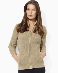 A classic mockneck cardigan receives a shimmering update from a luxe intertwining of cotton and Lurex®.