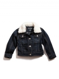 GUESS Kids Girls Denim Jacket with Faux-Fur Collar, DARK STONEWASH (10/12)