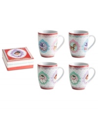 Spark some happy holiday nostalgia with Christmas Cameo mugs. Rosanna reunites baby-faced characters from Christmases long ago with vintage patterns and sparkling gold accents. A beautiful gift, with a matching box.