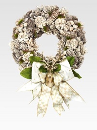 This glorious holiday accent combines natural pinecones, finials, acorns, ceramic flowers and signature ribbons with a golden stag as the centerpiece.Handmade and hand-paintedPinecones, ceramic and ribbons16 diam. X 6WImported Please note: Due to their handmade nature, wreaths may vary slightly. 