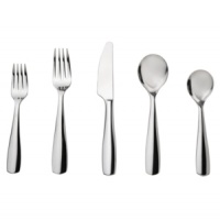 Clean lines forged in stainless steel bring modern beauty to your place settings. With a reflective surface and smooth handles that broaden from head to tip, this Nambé flatware makes any meal feel simply chic.