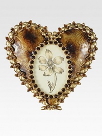 Masterful enamel work recreates the rich look of tortoise in this captivating heart-shaped frame, edged with dazzling Swarovski crystals and golden leaf-shaped accents.Enamel and crystal18k matte gold finishHandmade, hand-enameled and hand-set4.5W X 4.5HMade in USA