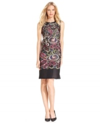 NY Collection's stylish new petite ponte shift dress infuses rich jewel tones into a paisley-inspired print.