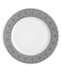 Anything but square, the Nixon dessert plates from Jonathan Adler shape things up with a fantastic geometric print in gray, white and dazzling platinum.