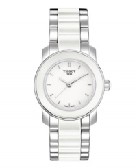 Refined elegance with everyday style, by Tissot. Cera collection watch crafted of stainless steel and white ceramic bracelet and round case. White dial features silver tone applied stick indices, three hands and logo. Swiss quartz movement. Water resistant to 30 meters. Two-year limited warranty.