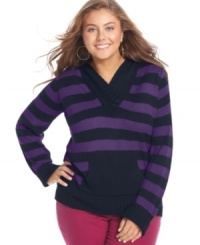 Stay warm and stylish this season with Extra Touch's plus size hooded sweater, featuring on-trend stripes!