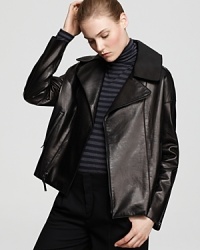 A reinterpretation of the iconic 1950s motorcycle jacket with clean, feminine lines in soft, polished leather, this soft leather jacket remains a timeless fashion staple for every woman's fall wardrobe.