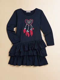 This adorable dress sports asymmetrical ruffles and an embroidered heart-shaped dreamcatcher motif.ScoopneckLong sleevesPull-on styleThree-tiered asymmetrical ruffle hem95% rayon/5% spandexMachine washImported