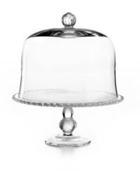 This pressed glass cake stand steals the spotlight at casual tables with fluted detail, beaded trim and a dramatic dome. From Martha Stewart Collection.