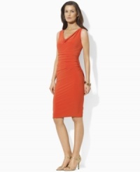 An elegant draping cowl neckline and shirring at the waist lends this sleek Lauren by Ralph Lauren petite dress sophisticated, feminine appeal.