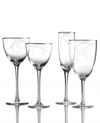 Combining a luxe platinum edge and fanciful swirls in fine crystal, the Platinum Wave goblet from Noritake styles formal tables with refreshing elegance.