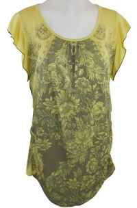 Vanilla Sugar Ruffled Short Sleeve, Cotton Print, Boat Neck, Rhinestone Accents on a Yellow Colored Floral Patterned Top - Vero