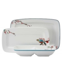 Serve it all up in style! This compact, stackable set of serveware and serving dishes includes entertaining essentials to fit every occasion: One 15 rectangular platter, one divided server, and one hors d'oeuvres tray. Coordinates with the beautiful watercolor-inspired Chirp dinnerware and dishes from Lenox Simply Fine.