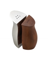 Get balanced flavor and style with Cradle salt and pepper shakers. Half Nambe metal, half acacia wood, this beautifully designed set brings casual tables together in perfect modern harmony.