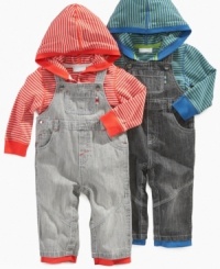 Amp up his everyday style with this fun striped, hooded shirt and overall set from First Impressions.