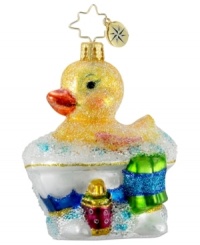 Splish, splash, time for bath! The perfect ornament for your little ones to decorate the tree with, this bright yellow duck sitting in the bathtub gives your tree a whimsical look. From Christopher Radko.