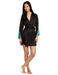 Betsey Johnson Women's Sultry Stretch Satin Wrap Bathrobe With Lace, Raven Black, Large