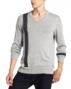 DKNY Jeans Men's Long Sleeve Athletic Stripe V-Neck, Heather Grey, X-Large