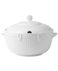 Nantucket Basket is a fine, all-white Wedgwood china and dishes pattern by Wedgwood with an embossed basket-weave pattern on the edges. Item not shown.