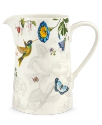 A fresh take on Portmeirion's beloved Botanic Garden pattern, the Botanic Hummingbird pitcher features colorful wildlife layered with muted blooms on modern white porcelain.