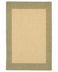 Step outside the box and create a cozy backyard retreat with this all-weather area rug, suitable for indoor and outdoor use. Full-framed with a natural-green border and beige ground, thin stripes crisscross to create an textured grid pattern, adding an unexpected touch of warmth to stone entryways, patio decks and outdoor gathering areas. Pet friendly and resistant to mold and mildew.