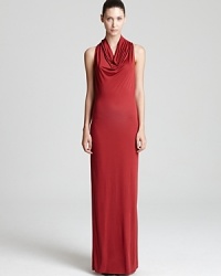 Make a red haute statement in a cowl neck Helmut Lang maxi dress and turn any event into a celebration.