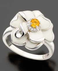 Put some spring in your style. This flower ring features round-cut citrine (1/8 ct. t.w.), sparkling diamond accents, and polished petals in white enamel. Crafted in sterling silver. Size 7.