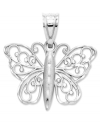 An iconic symbol of renewal, this intricate butterfly charm reminds its wearer that true beauty is found within. Intricately crafted 14k white gold charm that features a satin finish and diamond cuts. Chain not included. Approximate drop length: 4/5 inch. Approximate drop width: 4/5 inch.