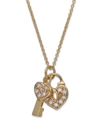 Put your heart under lock and key. This sweetly-shimmering heart lock and key pendant by B. Brilliant features round-cut cubic zirconias (1/6 ct. t.w.) in 18k gold over sterling silver. Approximate length: 18 inches + 3-inch extender. Approximate drop: 7/8 inch.