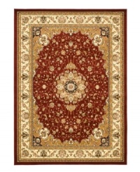 Safavieh's Lyndhurst collection offers the beauty and painstaking detail of traditional Persian and European styles with the ease of polypropylene. With a symphony of florals, vines and latticework detailing, these beautiful rugs bring warmth and life to any room. Polypropylene resists stains, keeping rugs pristine for years to come. This rug features a soft ivory border with ornate detailing throughout. A striking, supernova-like medallion floats in the center of the dramatic red interior. (Clearance)