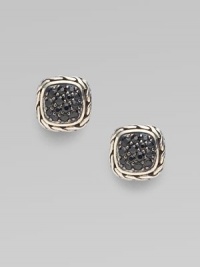 From the Classic Chain Collection. Black sapphires dazzle in the midst of a simple square design.Black sapphire Sterling silver Width, about ½ Post backs Made in Bali 