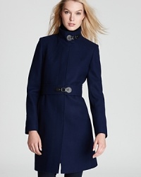 Smart leather tabs and a sleek, minimal silhouette lend modern flair to this Via Spiga coat.