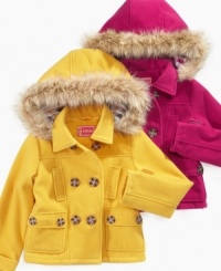 Dollhouse adds a twist to the traditional pea coat with a fresh color, with a fur-trim hood for a cozy touch.