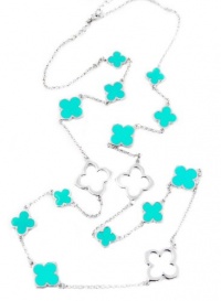 Silver Clover Leaf Multi Station Turquoise Enamel Necklace Long Rolo Chain Adjustable 36 - 39