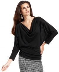 Alfani decks out this petite draped top with shiny gold zippers at each shoulder and a flattering fit. (Clearance)