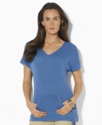 Defined by an easy, relaxed fit, Lauren Jeans Co.'s short-sleeved V-neck pullover blends the comfort of loosely knit slub cotton with the chic style of dolman sleeves.