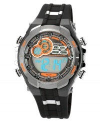 Sleek gunmetal and gray tones with bold illumination: a multifunctional digital watch by Armitron.