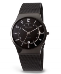 Modern yet refined, this sleek black men's watch from Skagen Denmark is a contemporary classic. Black stainless steel bracelet and round titanium case. Round black dial with subdial, date window, logo and numerical indices. Quartz movement. Water resistant to 30 meters. Ten-year limited warranty.