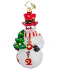 Commit this season to memory with Christopher Radko's dazzling snowman ornament, featuring handcrafted glass with a red top hat, decked-out tree and belly full of glitter.