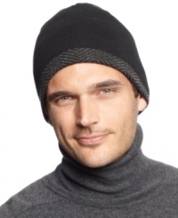 Minimalist design with maximum versatility: A barely there herringbone is the only pattern in a wear-with-everything skullcap from Calvin Klein that reverse to solid black with charcoal tipping.